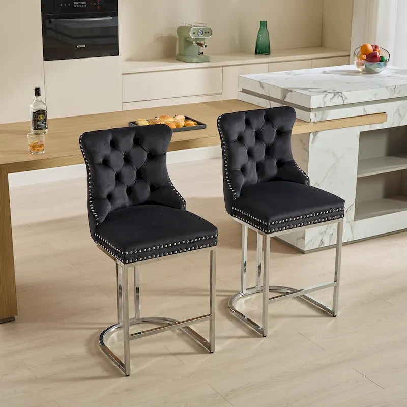 25 tabourets de bar modernes avec dossier capitonné, bordure cloutée et pieds en métal chromé, pour salle à manger, salon et chambre
