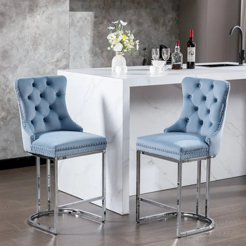 25 tabourets de bar modernes avec dossier capitonné, bordure cloutée et pieds en métal chromé, pour salle à manger, salon et chambre