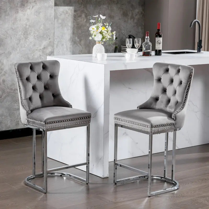 25 tabourets de bar modernes avec dossier capitonné, bordure cloutée et pieds en métal chromé, pour salle à manger, salon et chambre