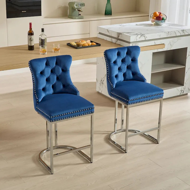 25 tabourets de bar modernes avec dossier capitonné, bordure cloutée et pieds en métal chromé, pour salle à manger, salon et chambre