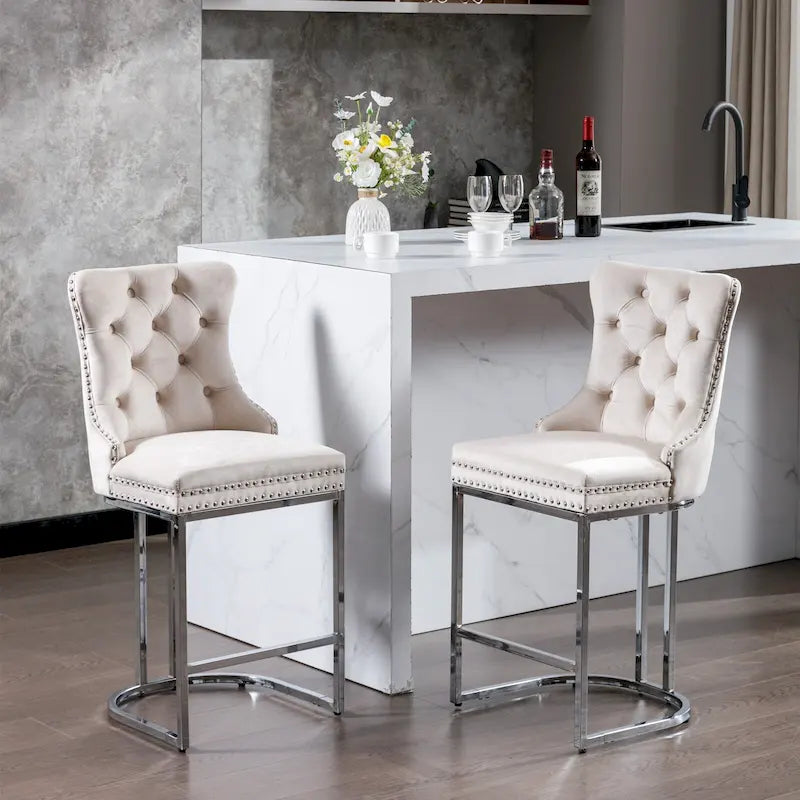 25 tabourets de bar modernes avec dossier capitonné, bordure cloutée et pieds en métal chromé, pour salle à manger, salon et chambre