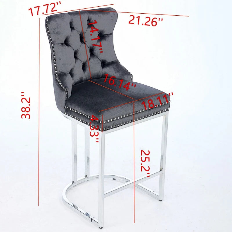 25 tabourets de bar modernes avec dossier capitonné, bordure cloutée et pieds en métal chromé, pour salle à manger, salon et chambre