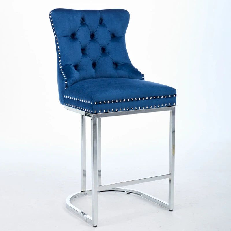 25 tabourets de bar modernes avec dossier capitonné, bordure cloutée et pieds en métal chromé, pour salle à manger, salon et chambre