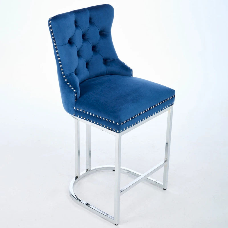 25 tabourets de bar modernes avec dossier capitonné, bordure cloutée et pieds en métal chromé, pour salle à manger, salon et chambre