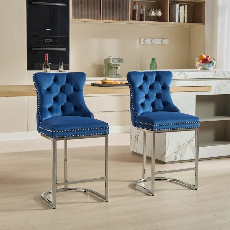 25 tabourets de bar modernes avec dossier capitonné, bordure cloutée et pieds en métal chromé, pour salle à manger, salon et chambre