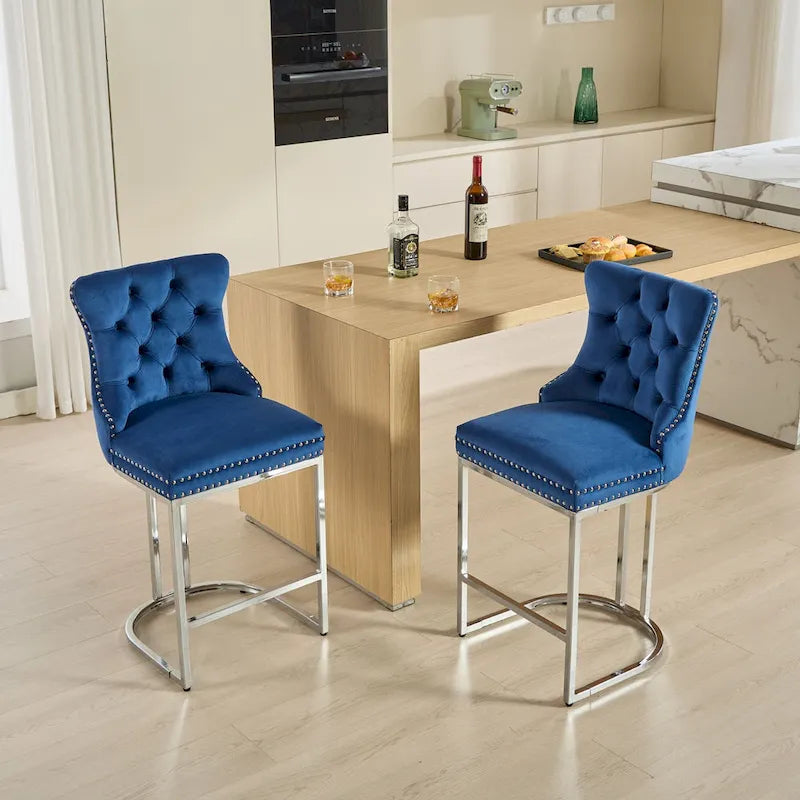 25 tabourets de bar modernes avec dossier capitonné, bordure cloutée et pieds en métal chromé, pour salle à manger, salon et chambre