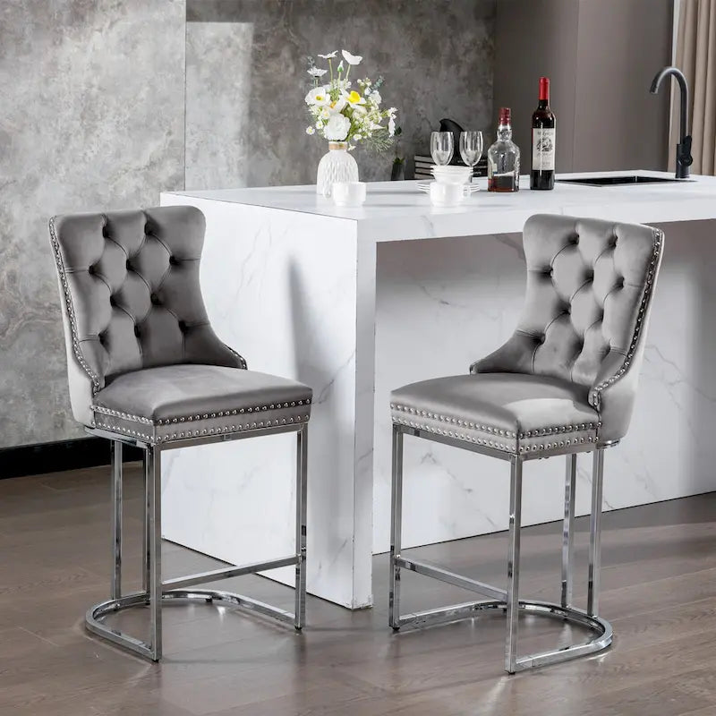 25 tabourets de bar modernes avec dossier capitonné, bordure cloutée et pieds en métal chromé, pour salle à manger, salon et chambre