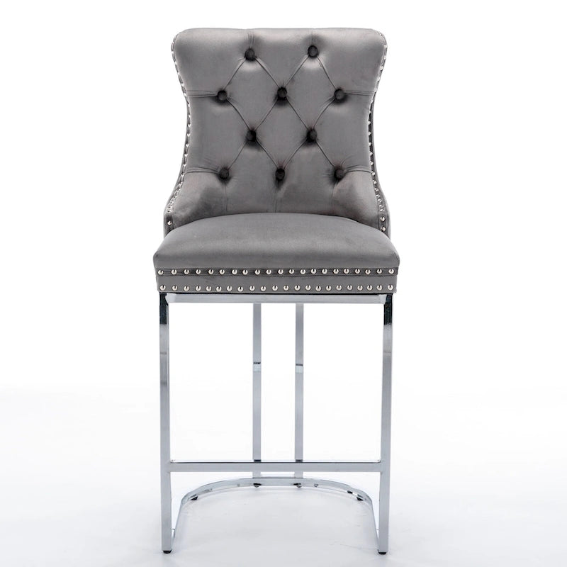 25 tabourets de bar modernes avec dossier capitonné, bordure cloutée et pieds en métal chromé, pour salle à manger, salon et chambre