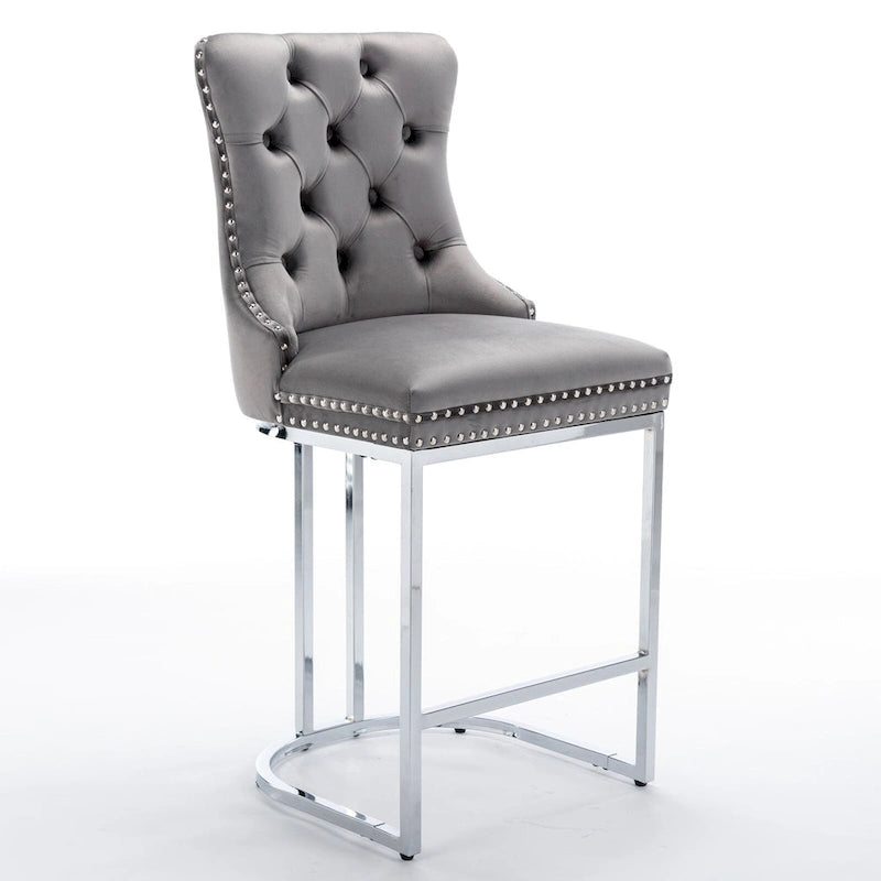 25 tabourets de bar modernes avec dossier capitonné, bordure cloutée et pieds en métal chromé, pour salle à manger, salon et chambre