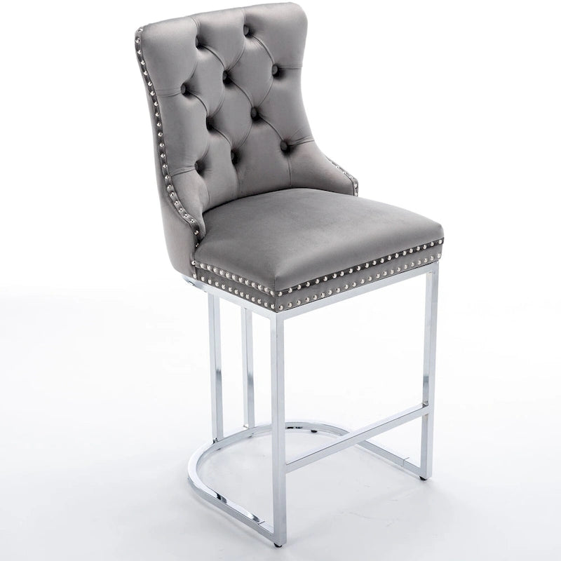 25 tabourets de bar modernes avec dossier capitonné, bordure cloutée et pieds en métal chromé, pour salle à manger, salon et chambre