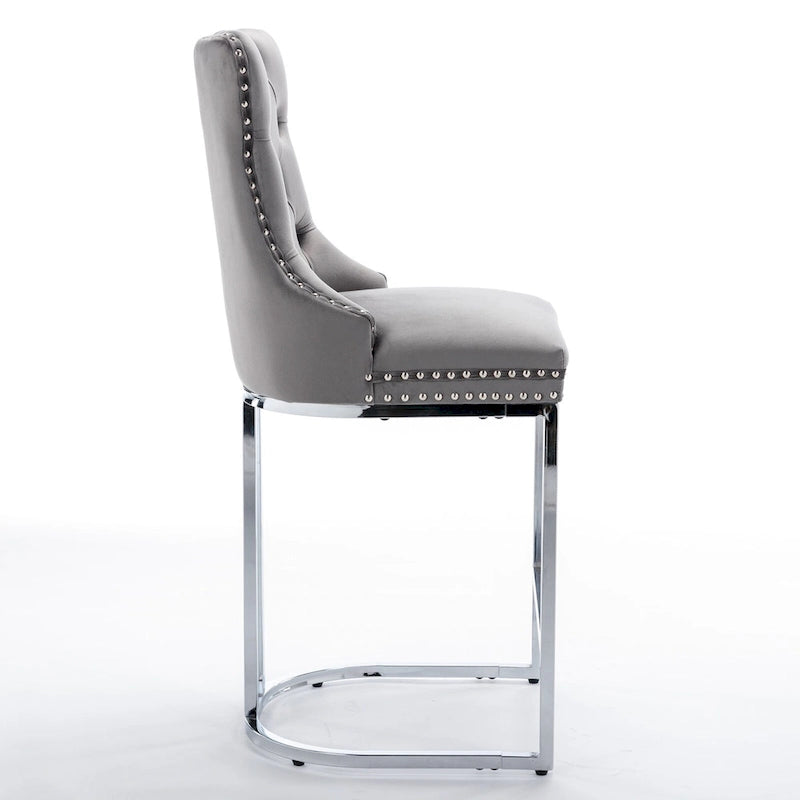 25 tabourets de bar modernes avec dossier capitonné, bordure cloutée et pieds en métal chromé, pour salle à manger, salon et chambre