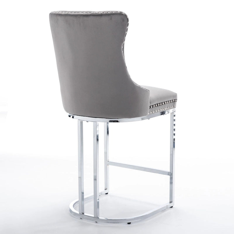 25 tabourets de bar modernes avec dossier capitonné, bordure cloutée et pieds en métal chromé, pour salle à manger, salon et chambre