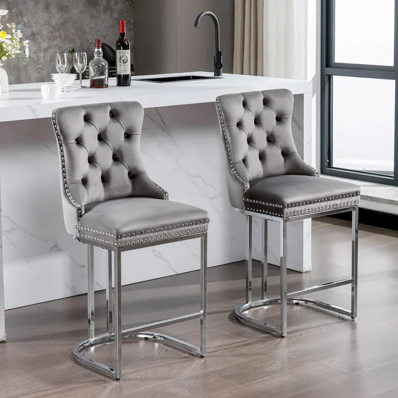 25 tabourets de bar modernes avec dossier capitonné, bordure cloutée et pieds en métal chromé, pour salle à manger, salon et chambre