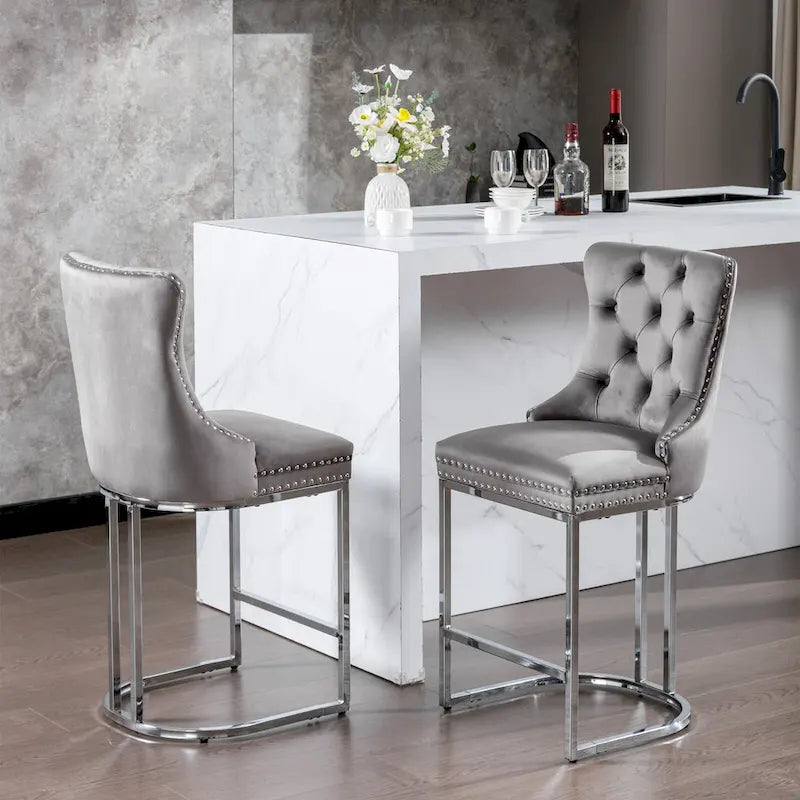 25 tabourets de bar modernes avec dossier capitonné, bordure cloutée et pieds en métal chromé, pour salle à manger, salon et chambre