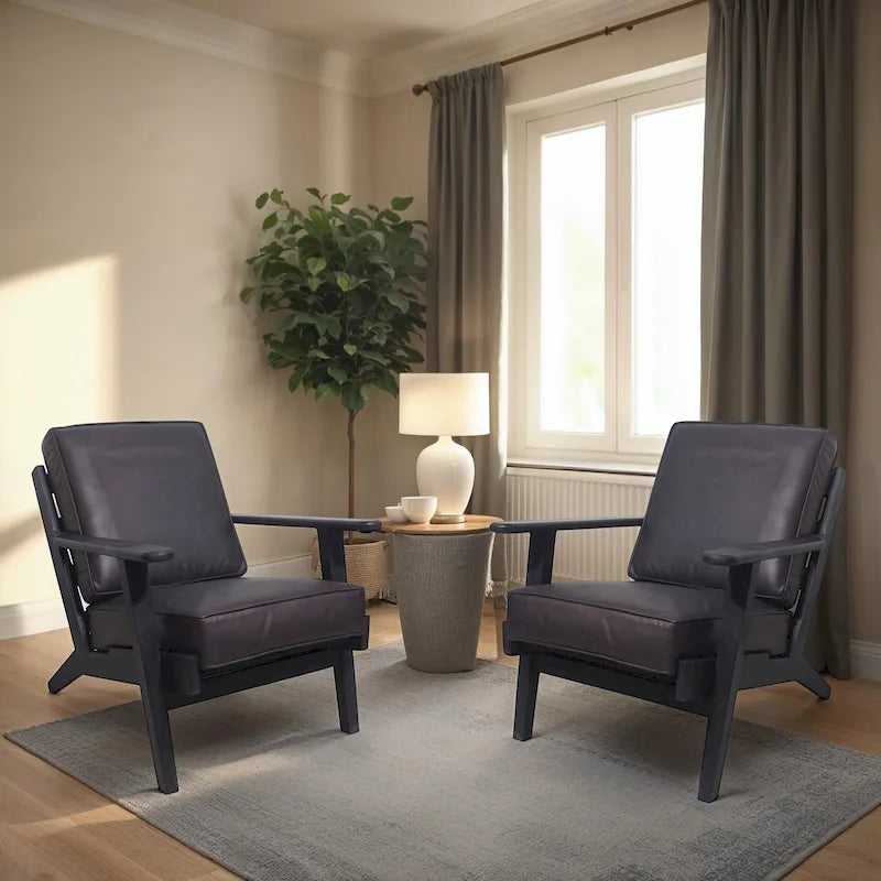 Fauteuil d'appoint Amber, Bois de manguier à lattes fabriqué à la main, Coussins en cuir de buffle, Pieds inclinés