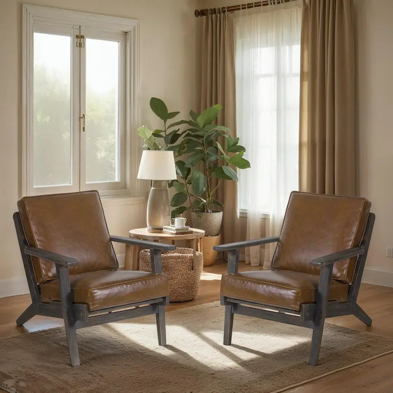 Fauteuil d'appoint Amber, Bois de manguier à lattes fabriqué à la main, Coussins en cuir de buffle, Pieds inclinés