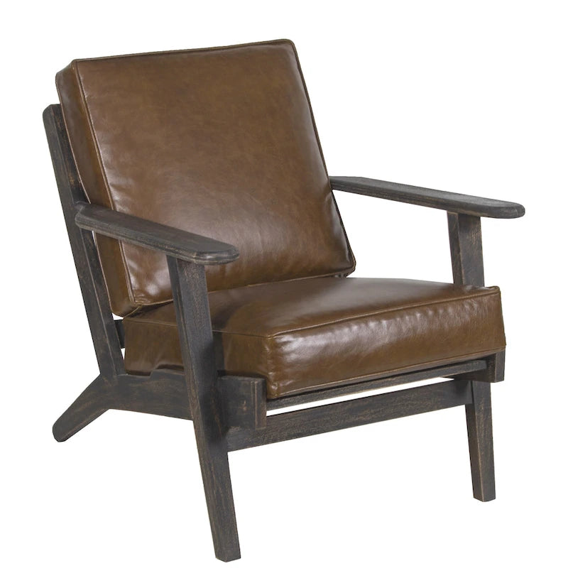 Fauteuil d'appoint Amber, Bois de manguier à lattes fabriqué à la main, Coussins en cuir de buffle, Pieds inclinés