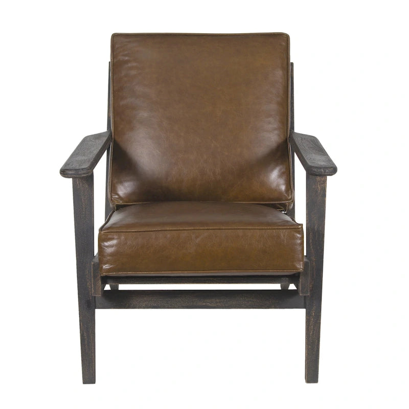 Fauteuil d'appoint Amber, Bois de manguier à lattes fabriqué à la main, Coussins en cuir de buffle, Pieds inclinés