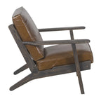 Fauteuil d'appoint Amber, Bois de manguier à lattes fabriqué à la main, Coussins en cuir de buffle, Pieds inclinés