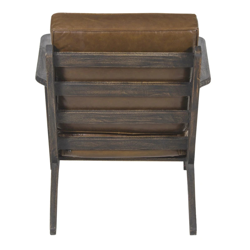 Fauteuil d'appoint Amber, Bois de manguier à lattes fabriqué à la main, Coussins en cuir de buffle, Pieds inclinés