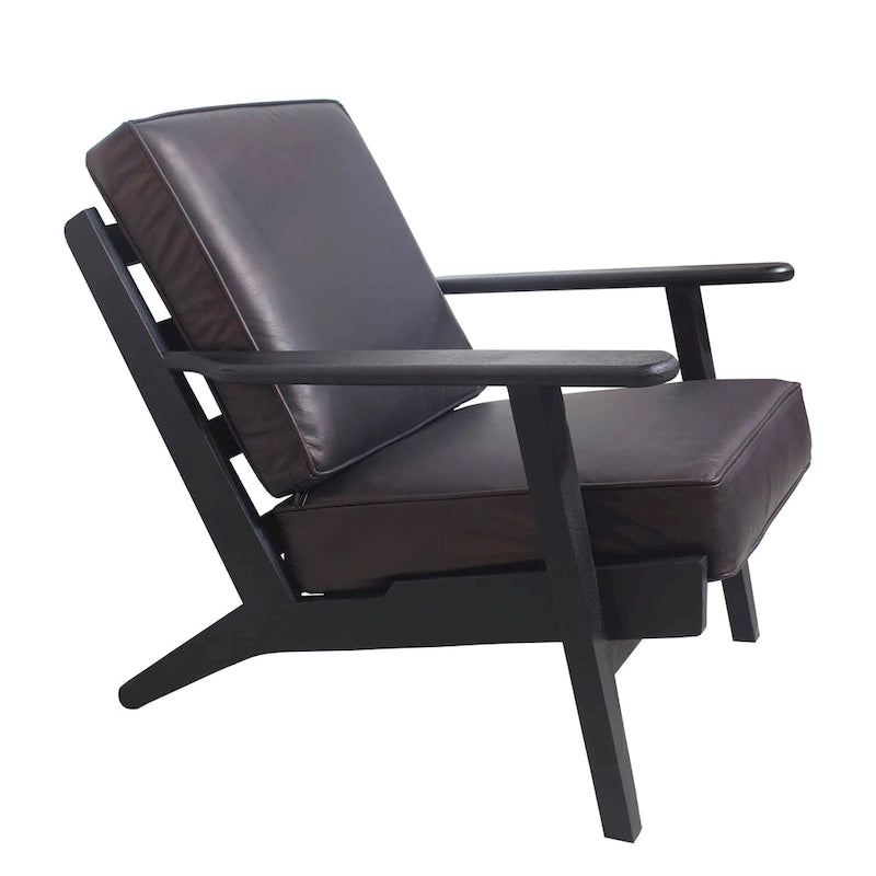 Fauteuil d'appoint Amber, Bois de manguier à lattes fabriqué à la main, Coussins en cuir de buffle, Pieds inclinés