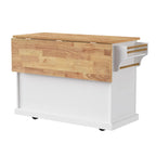 Grand îlot de cuisine avec rabat en bois, desserte de cuisine roulante texturée en relief avec portes et tiroirs avec rangement pour la cuisine, blanc