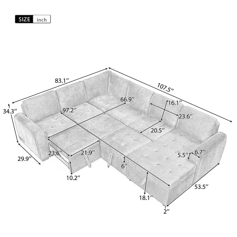 Canapé d'angle en U convertible Roomfitters avec méridienne de rangement et chargeurs intégrés pour salon
