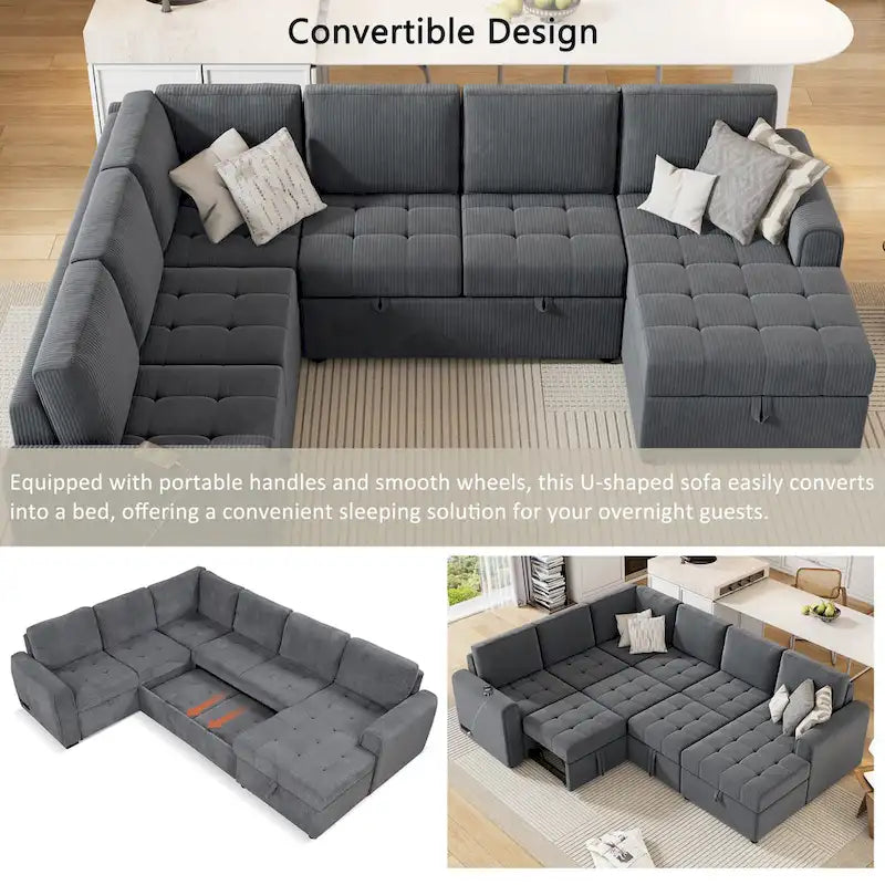 Canapé d'angle en U convertible Roomfitters avec méridienne de rangement et chargeurs intégrés pour salon