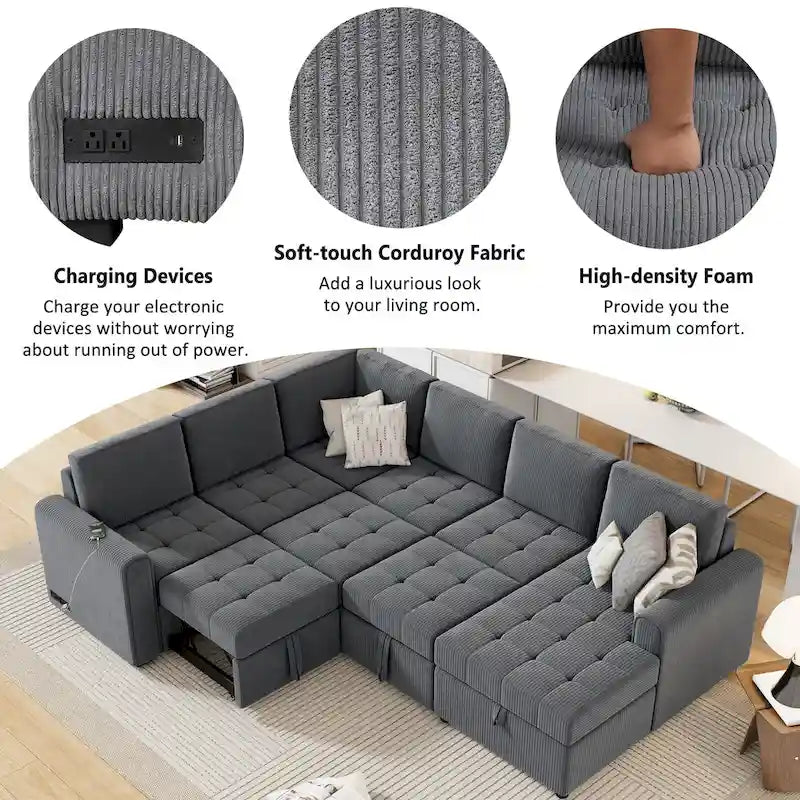 Canapé d'angle en U convertible Roomfitters avec méridienne de rangement et chargeurs intégrés pour salon