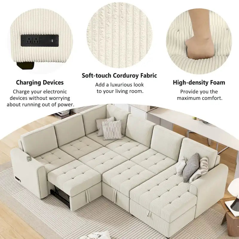 Canapé d'angle en U convertible Roomfitters avec méridienne de rangement et chargeurs intégrés pour salon
