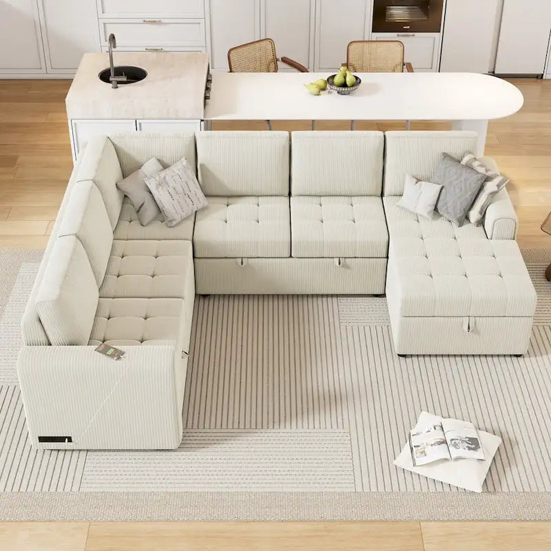 Canapé d'angle en U convertible Roomfitters avec méridienne de rangement et chargeurs intégrés pour salon