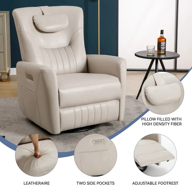 Fauteuil inclinable électrique beige avec pivotement à 270°, fonction bascule, oreiller de soutien lombaire et cervical, ports USB et Type-C