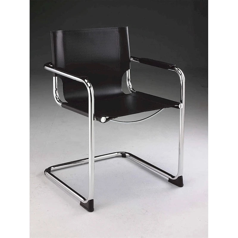 Chaise de salle à manger en cuir noir avec cadre chromé