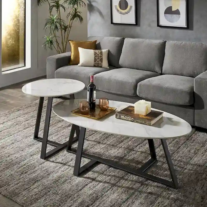 Tables Jurmala en pierre frittée brillante avec piètement en métal gris