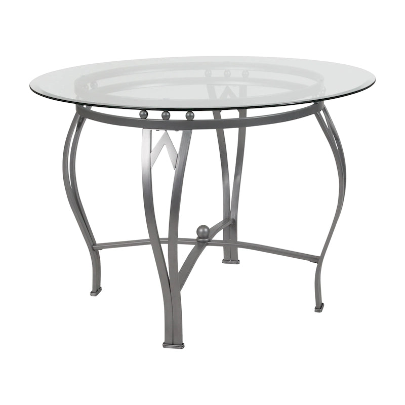 Table à manger ronde Syracuse 42 en verre avec piètement métallique incurvé