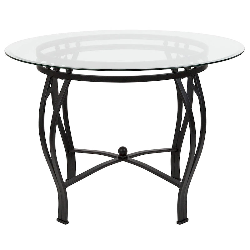 Table à manger ronde Syracuse 42 en verre avec piètement métallique incurvé