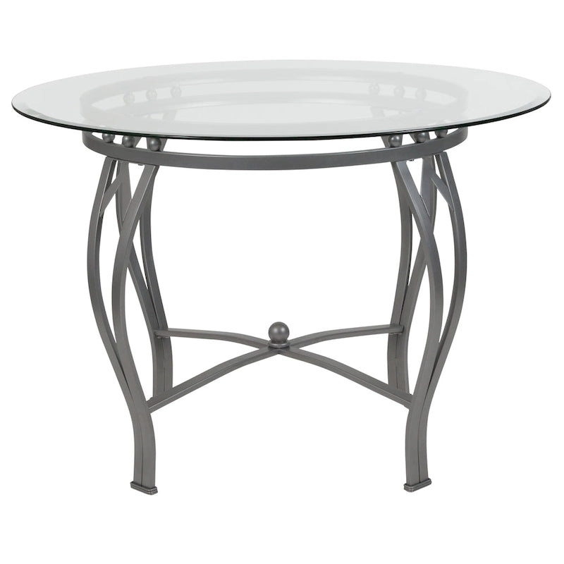 Table à manger ronde Syracuse 42 en verre avec piètement métallique incurvé