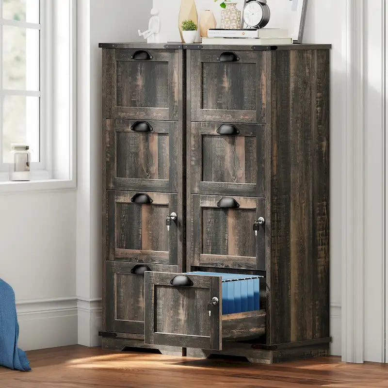 Meuble de classement vertical rustique en bois à 4 tiroirs avec armoire de rangement verrouillable