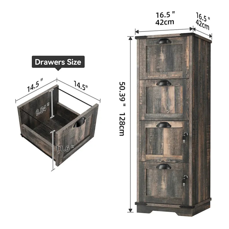 Meuble de classement vertical rustique en bois à 4 tiroirs avec armoire de rangement verrouillable