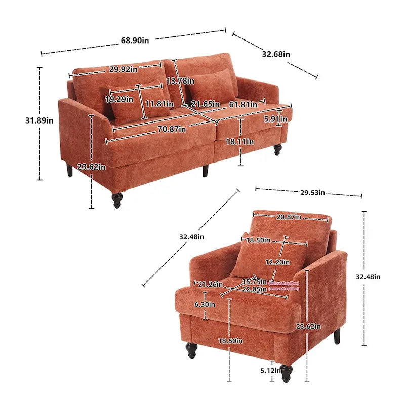 Causeuse à cadre en bois et rembourrage en chenille avec fauteuil pour salon