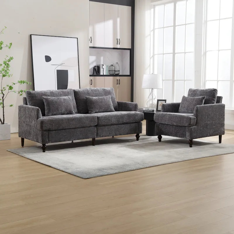 Causeuse à cadre en bois et rembourrage en chenille avec fauteuil pour salon