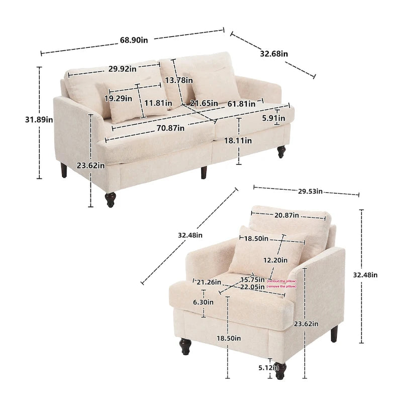 Causeuse à cadre en bois et rembourrage en chenille avec fauteuil pour salon
