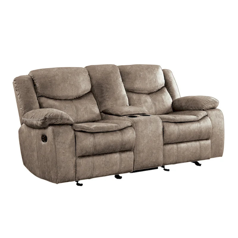 Canapé deux places inclinable manuel Joe de 79 po avec console et revêtement en microfibre marron