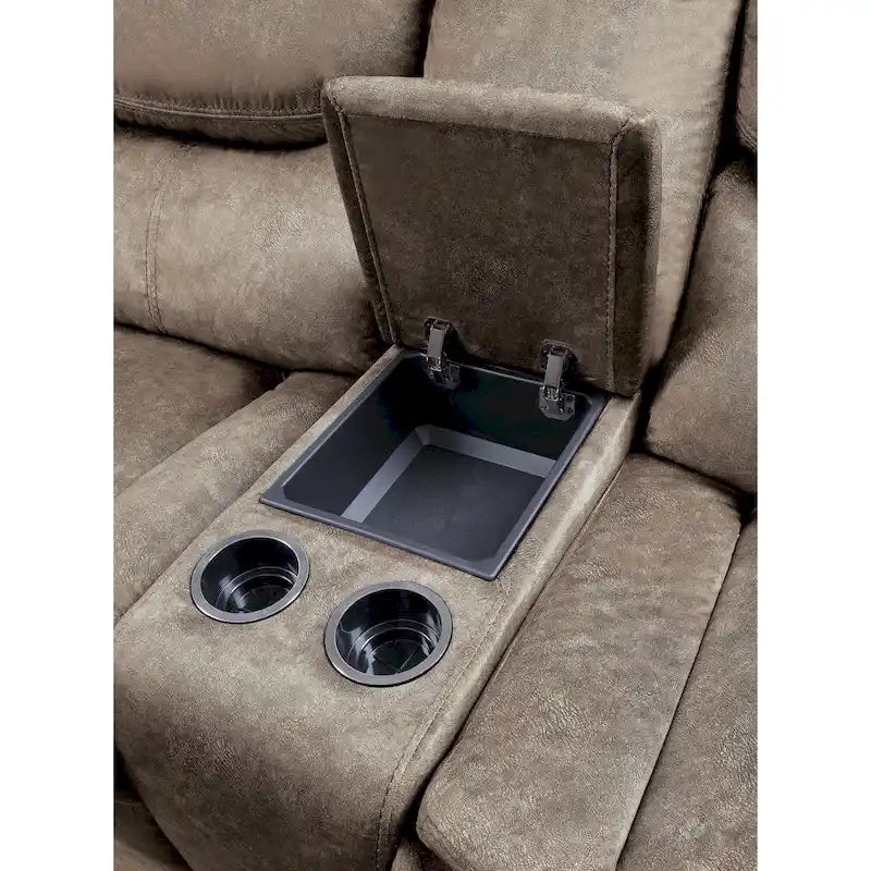 Canapé deux places inclinable manuel Joe de 79 po avec console et revêtement en microfibre marron