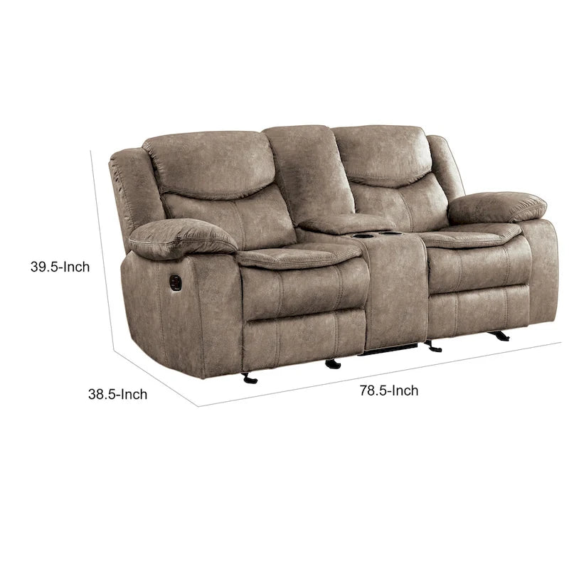Canapé deux places inclinable manuel Joe de 79 po avec console et revêtement en microfibre marron