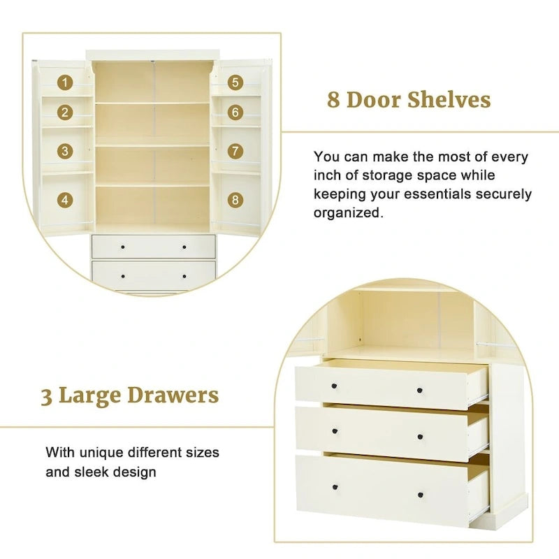 Garde-manger de cuisine de ferme de 195 cm, Armoire de rangement haute autonome